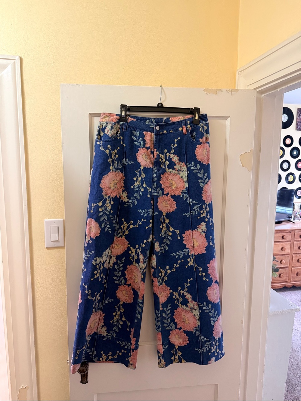 Navy Wide-Leg Pants with Pink Floral Pattern